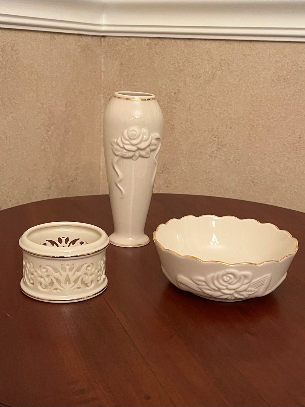 Lenox 3-Piece Floral Ivory Decor Bundle Gold Trim Vintage, LIKE NEW